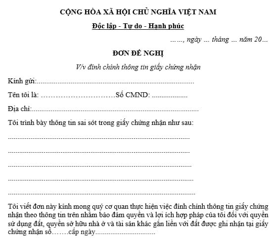 Mẫu đơn đề nghị đính chính sổ đỏ