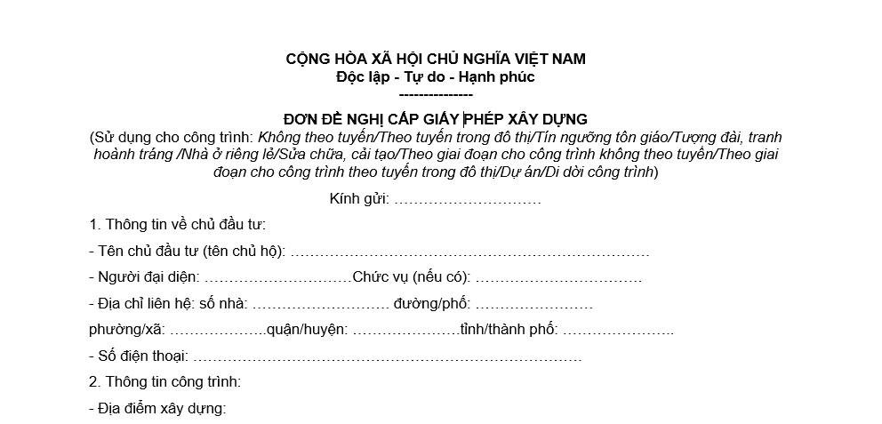 Đơn đề nghị cấp giấy phép sửa chữa, cải tạo công trình, nhà ở riêng lẻ